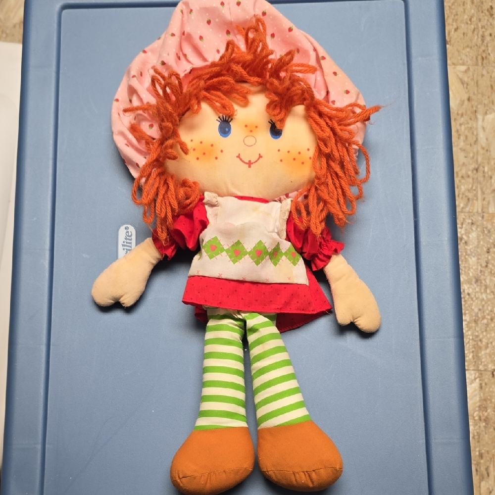 Strawberry Shortcake Rag Doll with Pink Hat and Striped Leggings Vintage